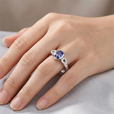 Tanzanite and White Zircon 0.65 ctw Ring in Platinum Over Sterling Silver (Size 11.5)
