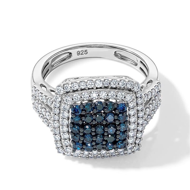 Blue and White Diamond 0.99 ctw Ring in Platinum Over Sterling Silver (Size 5.5)