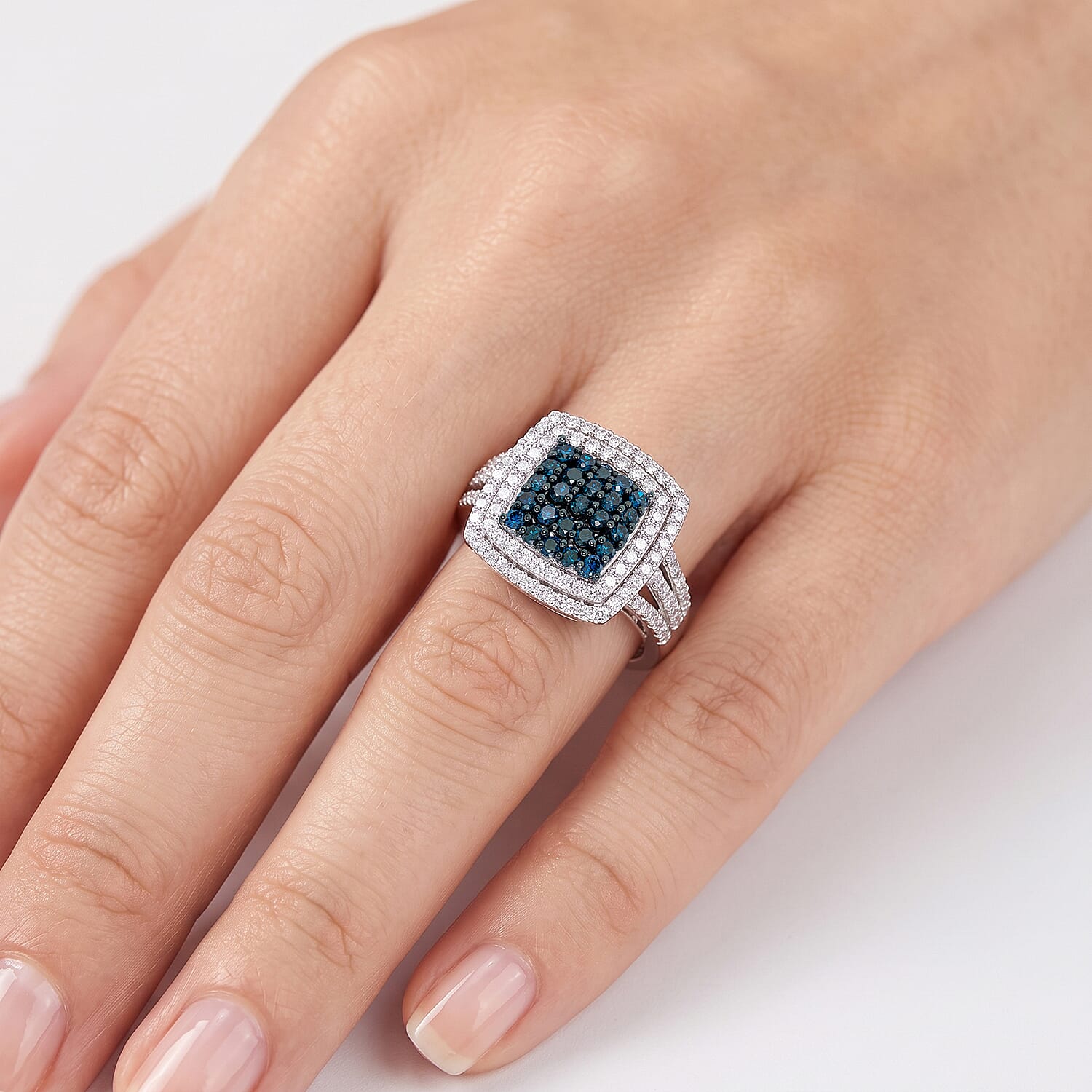 Blue and White Diamond 0.99 ctw Ring in Platinum Over Sterling Silver (Size 5.5)