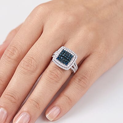 Blue and White Diamond 0.99 ctw Ring in Platinum Over Sterling Silver (Size 5.5)