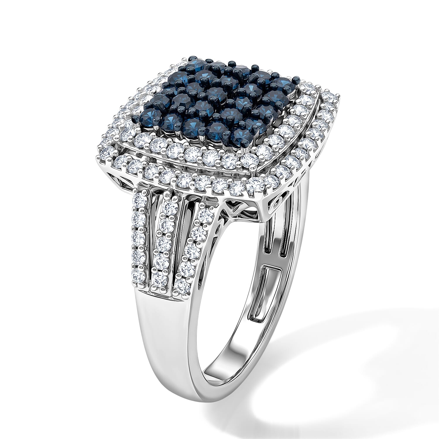 Blue and White Diamond 0.99 ctw Ring in Platinum Over Sterling Silver (Size 5.5)