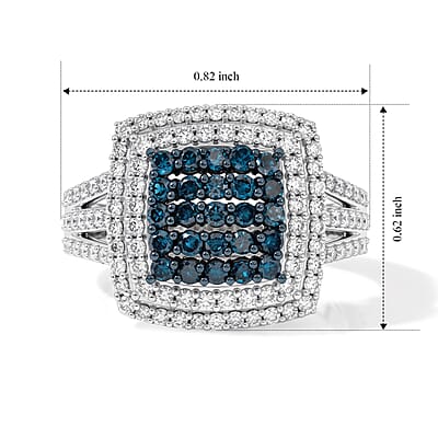 Blue and White Diamond 0.99 ctw Ring in Platinum Over Sterling Silver (Size 5.5)