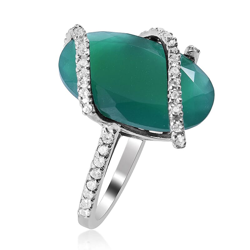 Verde Onyx and White Zircon Ring in Platinum Over Sterling Silver (Size 10.0) 10.90 ctw