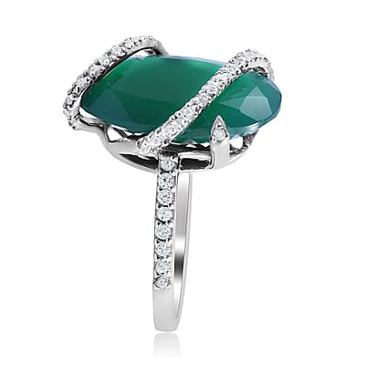 Verde Onyx and White Zircon Ring in Platinum Over Sterling Silver (Size 10.0) 10.90 ctw