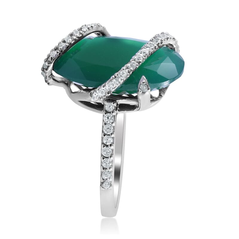 Verde Onyx, Natural White Zircon Ring in Platinum Over Sterling Silver (Size 6.0) 10.90 ctw