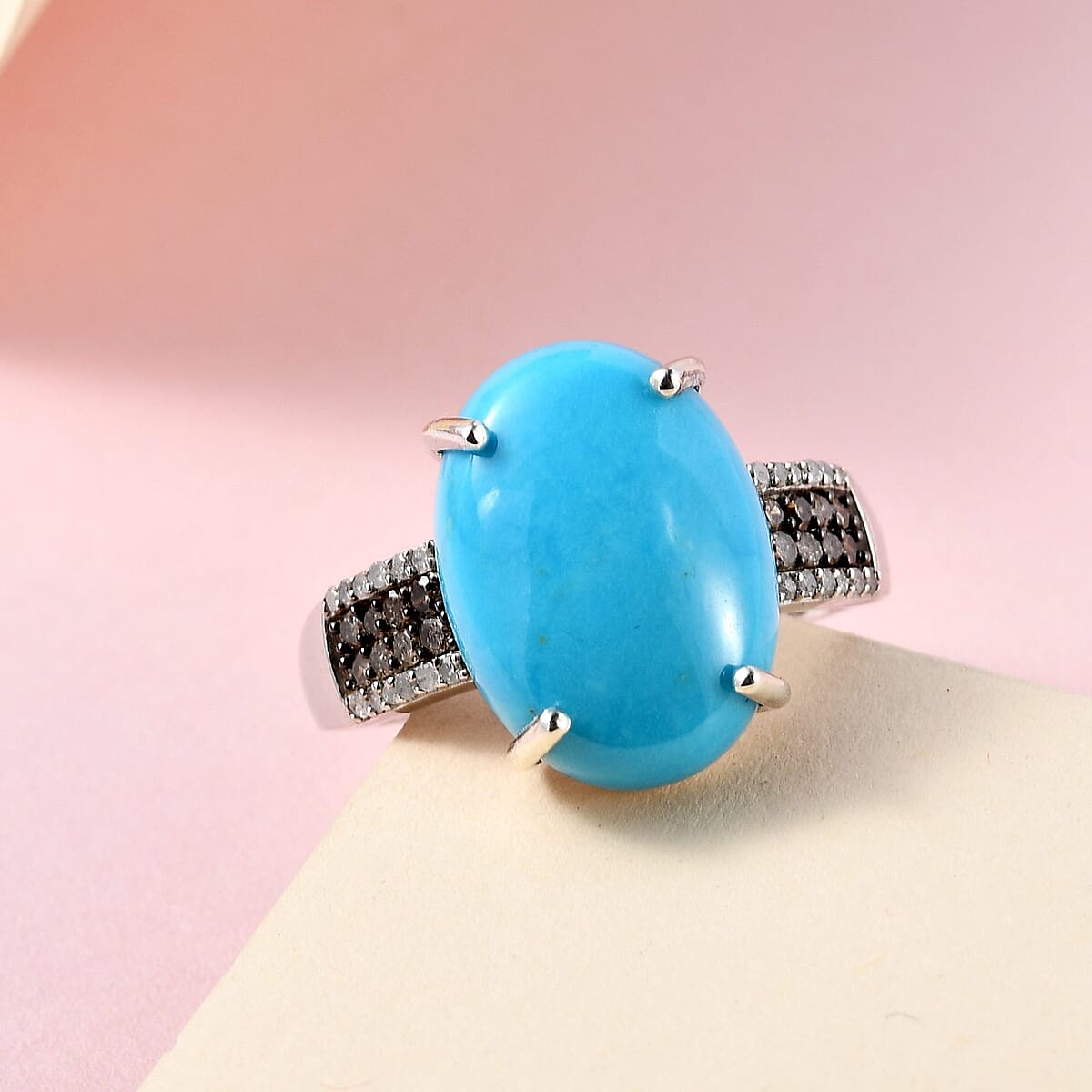 Doorbuster American Natural Sleeping Beauty Turquoise, Natural Champagne and White Diamond Ring in Platinum Over Sterling Silver 9.50 ctw image number 1