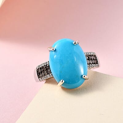 Sleeping Beauty Turquoise, Natural Champagne and White Diamond Ring in Platinum Over Sterling Silver (Size 10.0) 9.50 ctw
