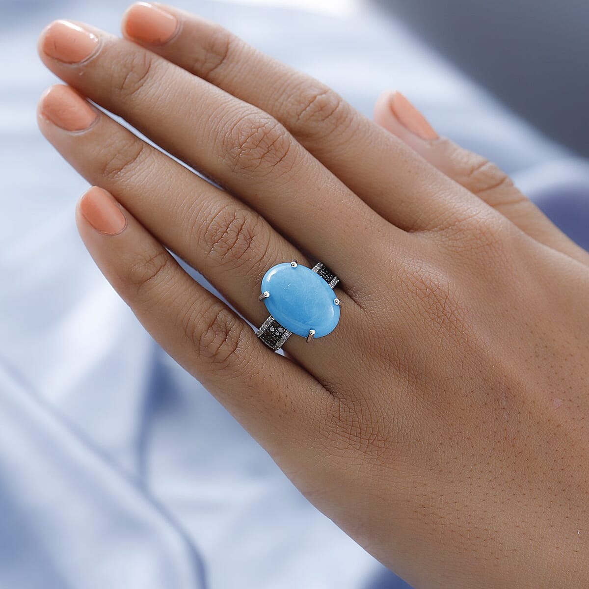 Doorbuster American Natural Sleeping Beauty Turquoise, Natural Champagne and White Diamond Ring in Platinum Over Sterling Silver 9.50 ctw image number 2