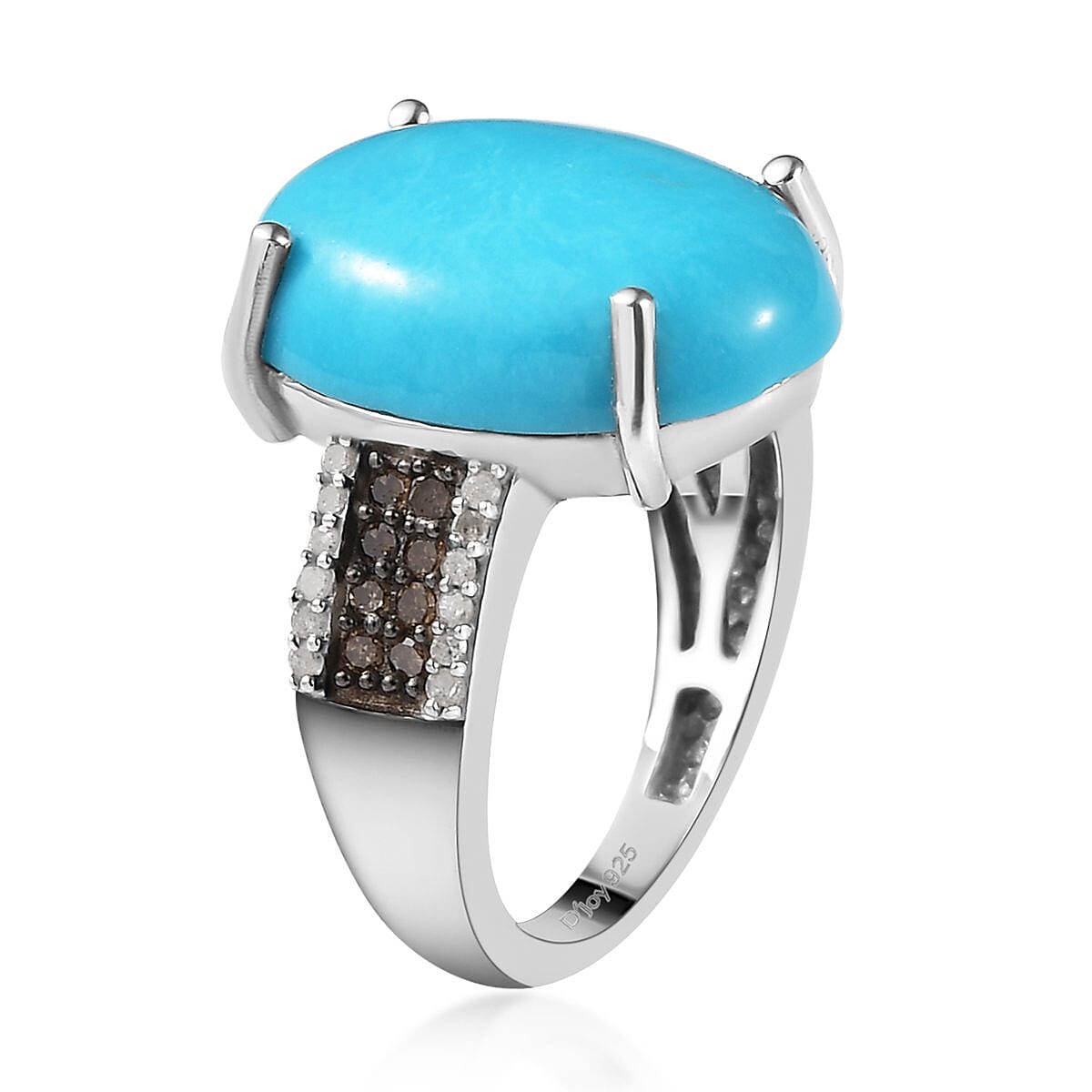 Sleeping Beauty Turquoise, Natural Champagne and White Diamond Ring in Platinum Over Sterling Silver (Size 6.0) 9.50 ctw image number 3