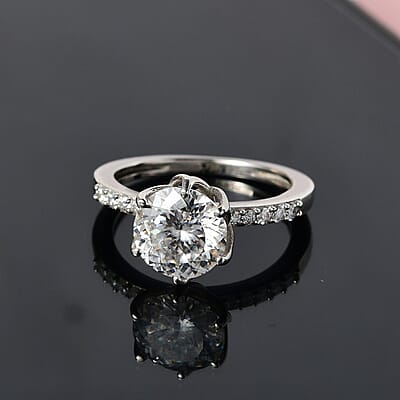 120 Facet Moissanite Ring in Platinum Over Sterling Silver (Size 10.0) 2.00 ctw