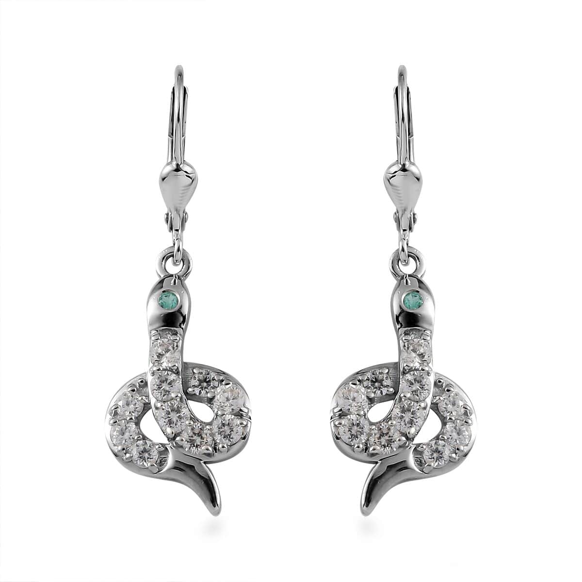 Brazilian Emerald and White Zircon Snake Earrings in Platinum Over Sterling Silver 1.70 ctw image number 0