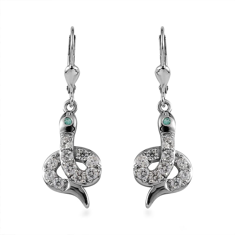 Brazilian Emerald and White Zircon Snake Earrings in Platinum Over Sterling Silver 1.70 ctw