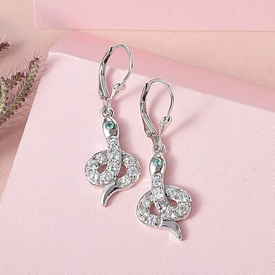 Brazilian Emerald and White Zircon Snake Earrings in Platinum Over Sterling Silver 1.70 ctw
