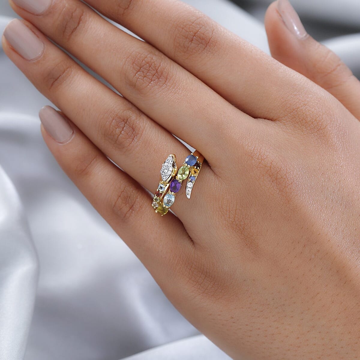 Sparkling Multi Gemstone Eternal Love Snake Ring|Thumb Ring in Vermeil YG Over Sterling Silver 1.35 ctw image number 2