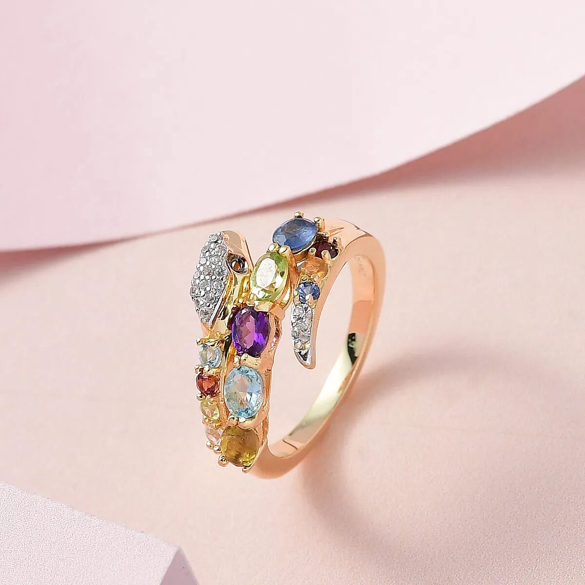 Sparkling Multi Gemstone Eternal Love Snake Ring|Thumb Ring in Vermeil YG Over Sterling Silver 1.35 ctw (Size 9) image number 1