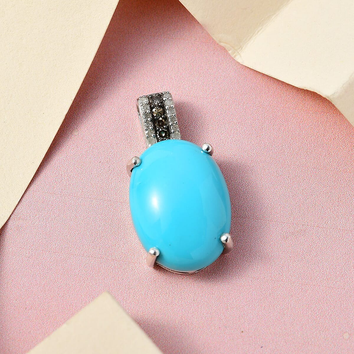Sleeping Beauty Turquoise, Natural Champagne and White Diamond Pendant without Chain in Platinum Over Sterling Silver 9.30 ctw image number 1