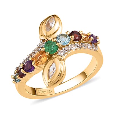 Multi Gemstone Eternal Love Bypass Snake Ring in Vermeil Yellow Gold Over Sterling Silver (Size 6.0) 0.90 ctw