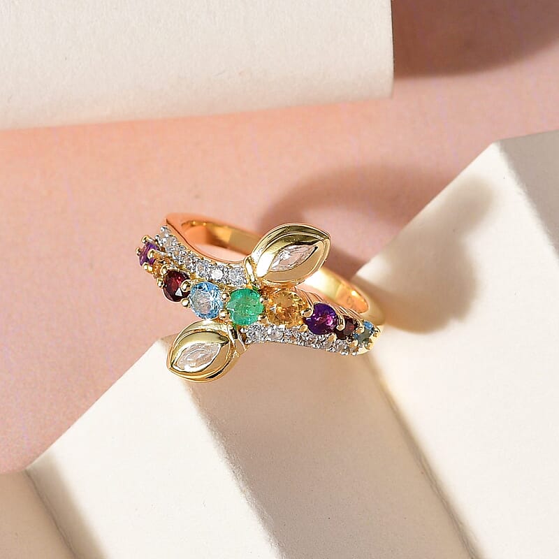 Multi Gemstone Eternal Love Bypass Snake Ring in Vermeil Yellow Gold Over Sterling Silver (Size 6.0) 0.90 ctw