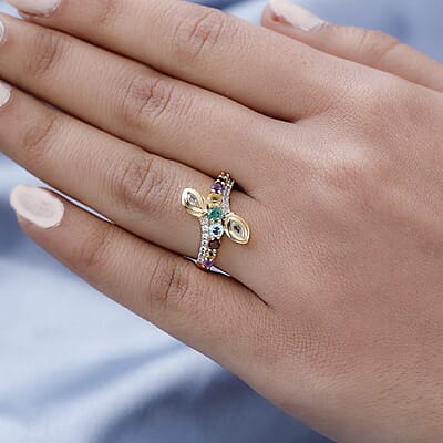 Multi Gemstone Eternal Love Bypass Snake Ring in Vermeil Yellow Gold Over Sterling Silver (Size 6.0) 0.90 ctw