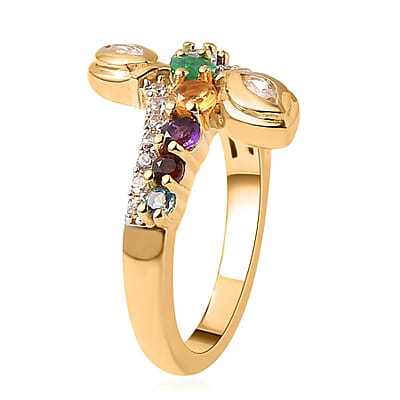 Multi Gemstone Eternal Love Bypass Snake Ring in Vermeil Yellow Gold Over Sterling Silver (Size 6.0) 0.90 ctw