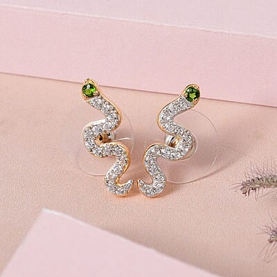 Chrome Diopside and White Zircon Snake Earrings in Vermeil Yellow Gold Over Sterling Silver 0.70 ctw