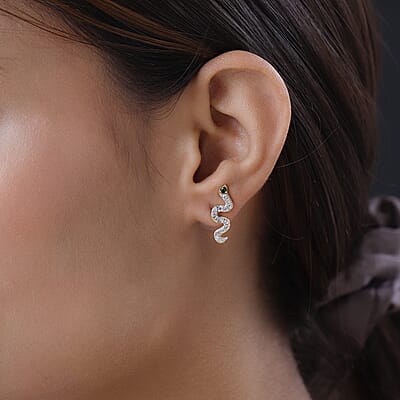 Chrome Diopside and White Zircon Snake Earrings in Vermeil Yellow Gold Over Sterling Silver 0.70 ctw