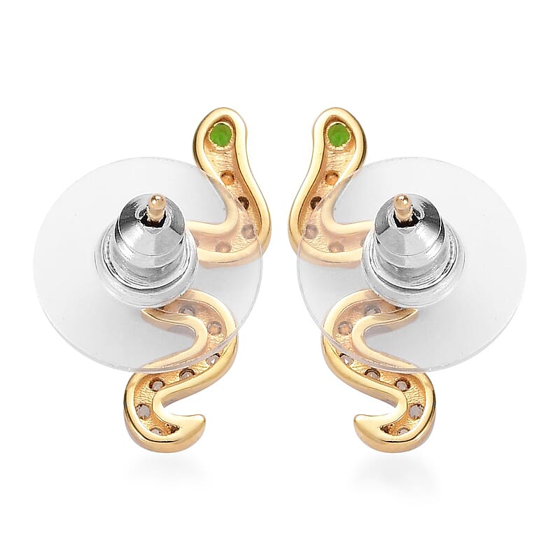 Chrome Diopside and White Zircon Snake Earrings in Vermeil Yellow Gold Over Sterling Silver 0.70 ctw