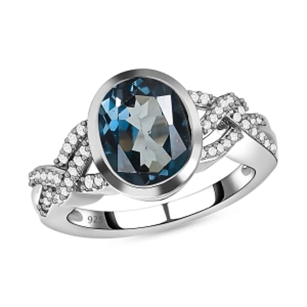 London Blue Topaz and White Zircon 5.09 ctw Ring in Platinum Over Sterling Silver (Size 9.0)