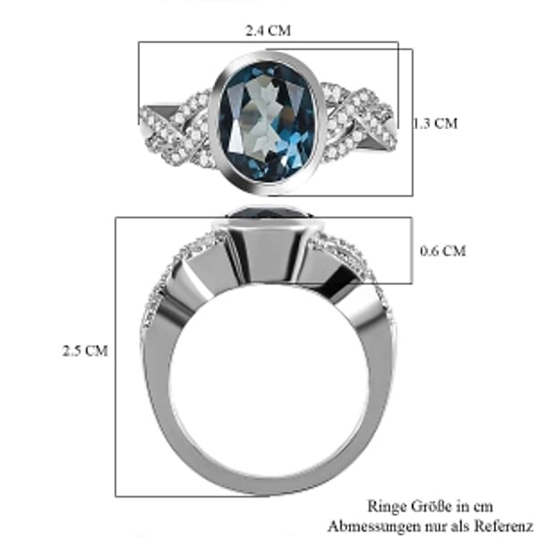 London Blue Topaz and White Zircon 5.09 ctw Ring in Platinum Over Sterling Silver (Size 9.0)