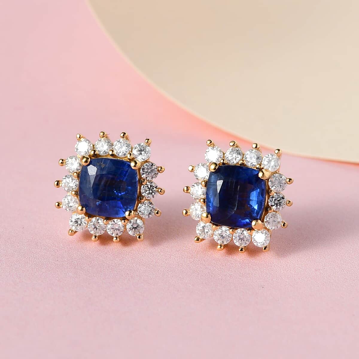 Kashmir Kyanite and Moissanite Halo Stud Earrings in Vermeil Yellow Gold Over Sterling Silver 3.35 ctw image number 1
