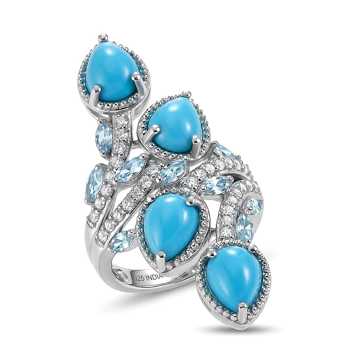 Premium Sleeping Beauty Turquoise and Multi Gemstone 5.25 ctw Ring in Rhodium Over Sterling Silver (Size 5.0)