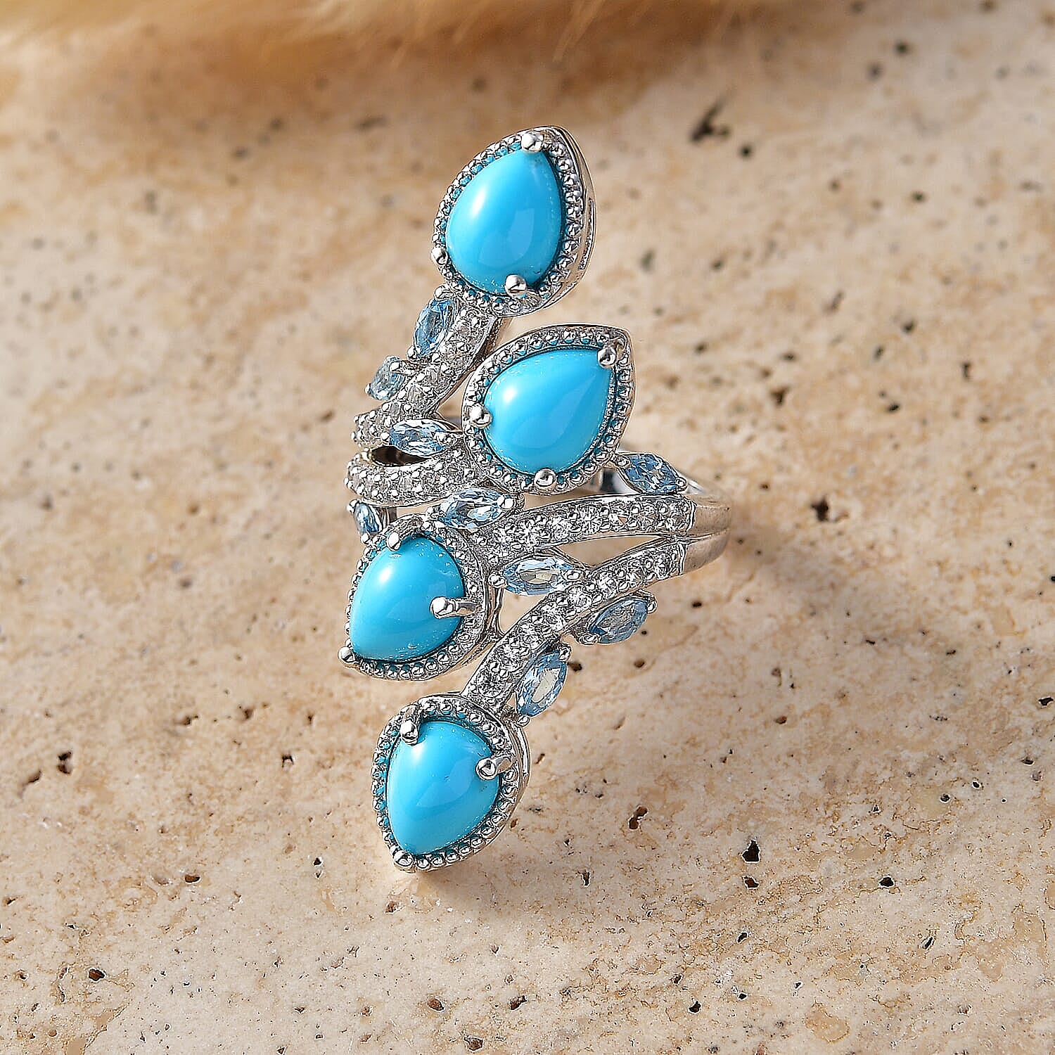 Premium Sleeping Beauty Turquoise and Multi Gemstone 5.25 ctw Ring in Rhodium Over Sterling Silver (Size 5.0)