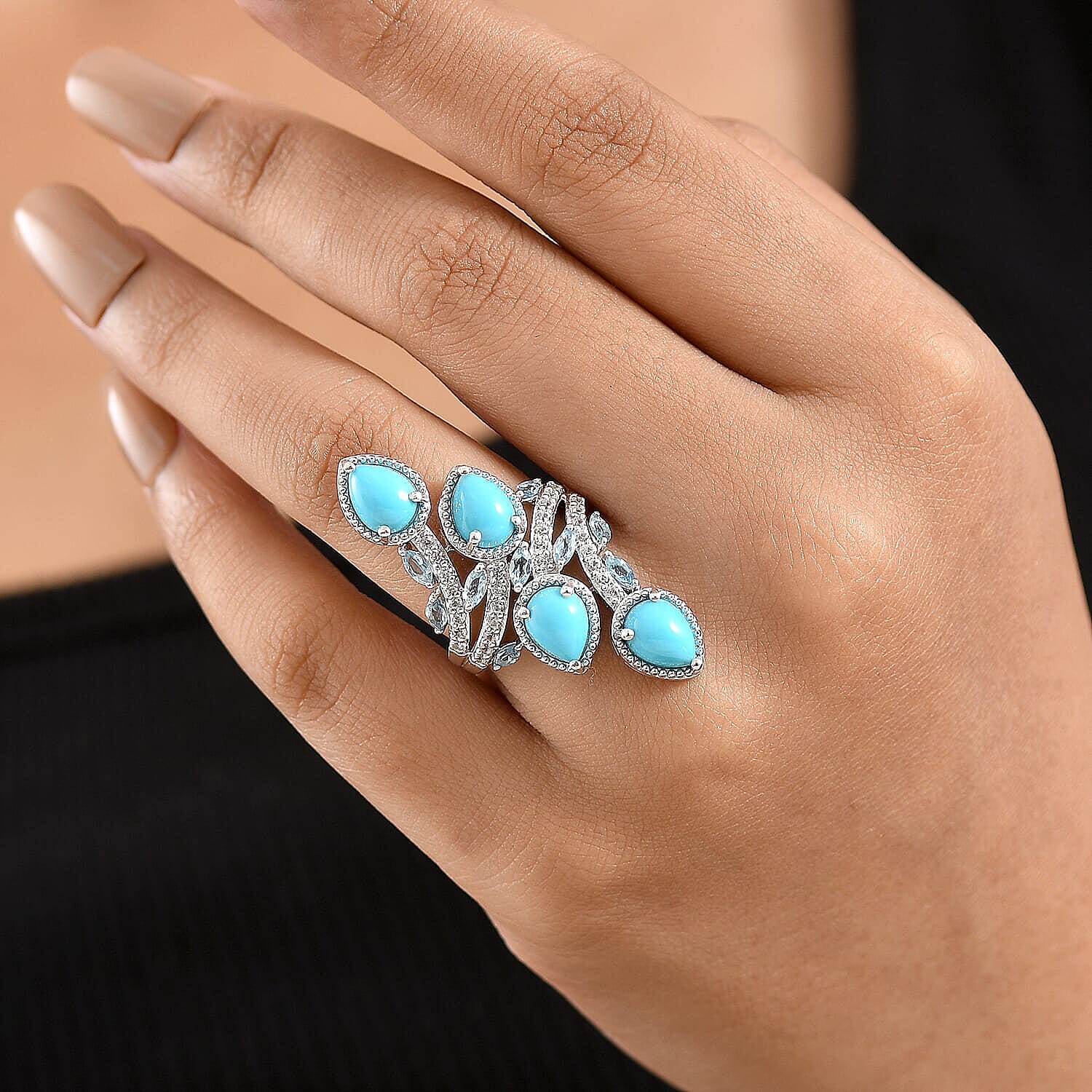 Premium Sleeping Beauty Turquoise and Multi Gemstone 5.25 ctw Ring in Rhodium Over Sterling Silver (Size 5.0)