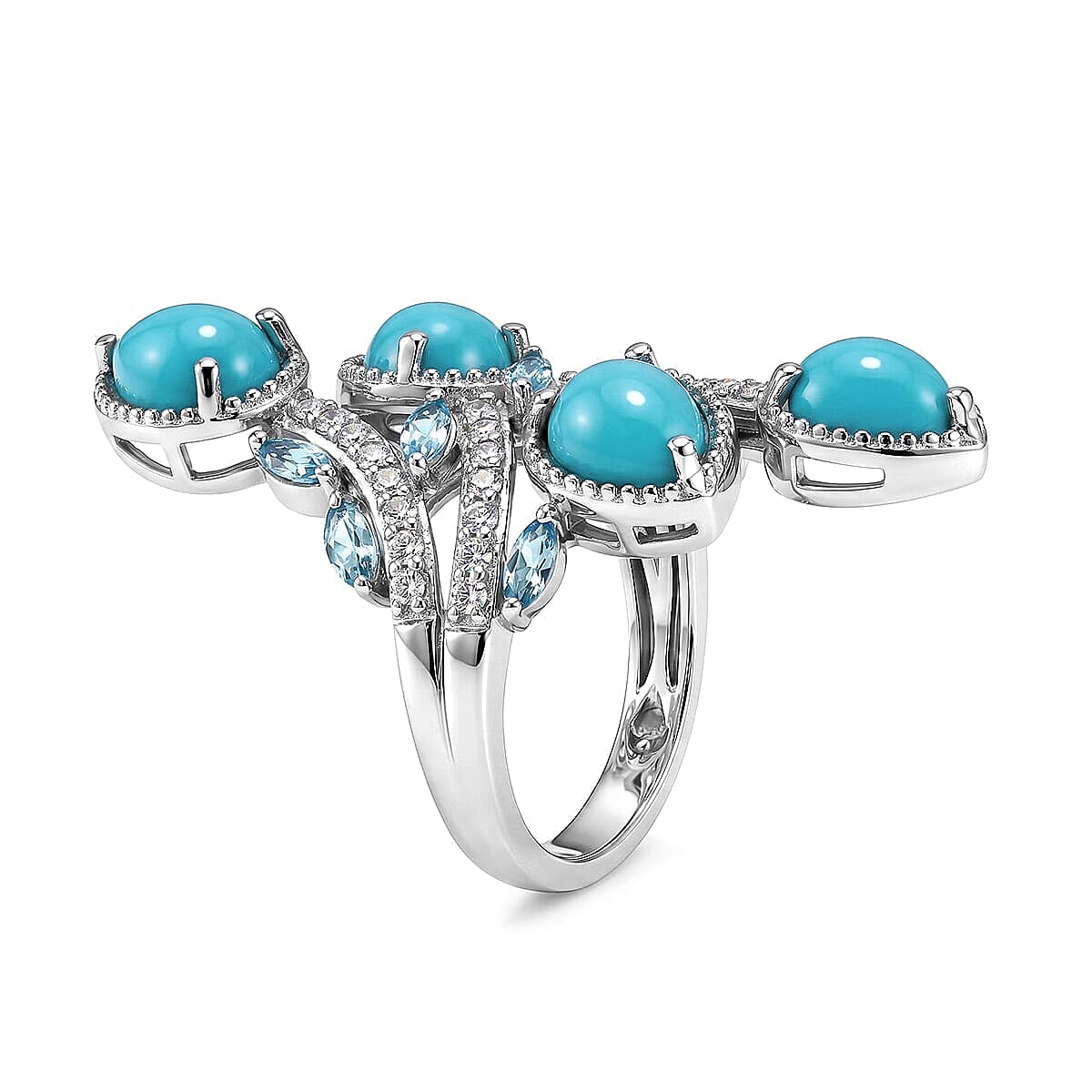 Premium Sleeping Beauty Turquoise and Multi Gemstone 5.25 ctw Ring in Rhodium Over Sterling Silver (Size 5.0)