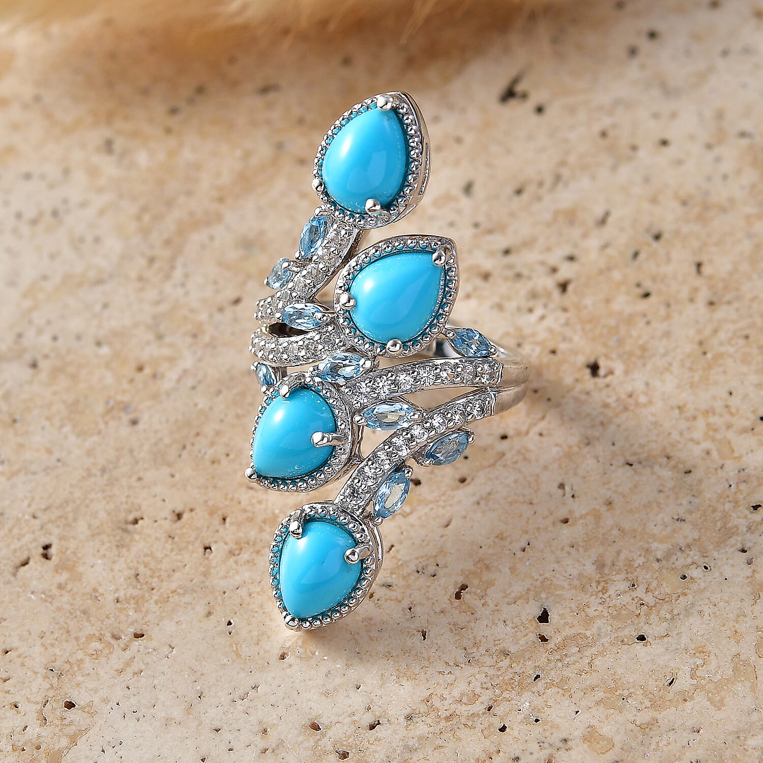 Premium Sleeping Beauty Turquoise and Multi Gemstone 5.25 ctw Ring in Rhodium Over Sterling Silver (Size 6.0)