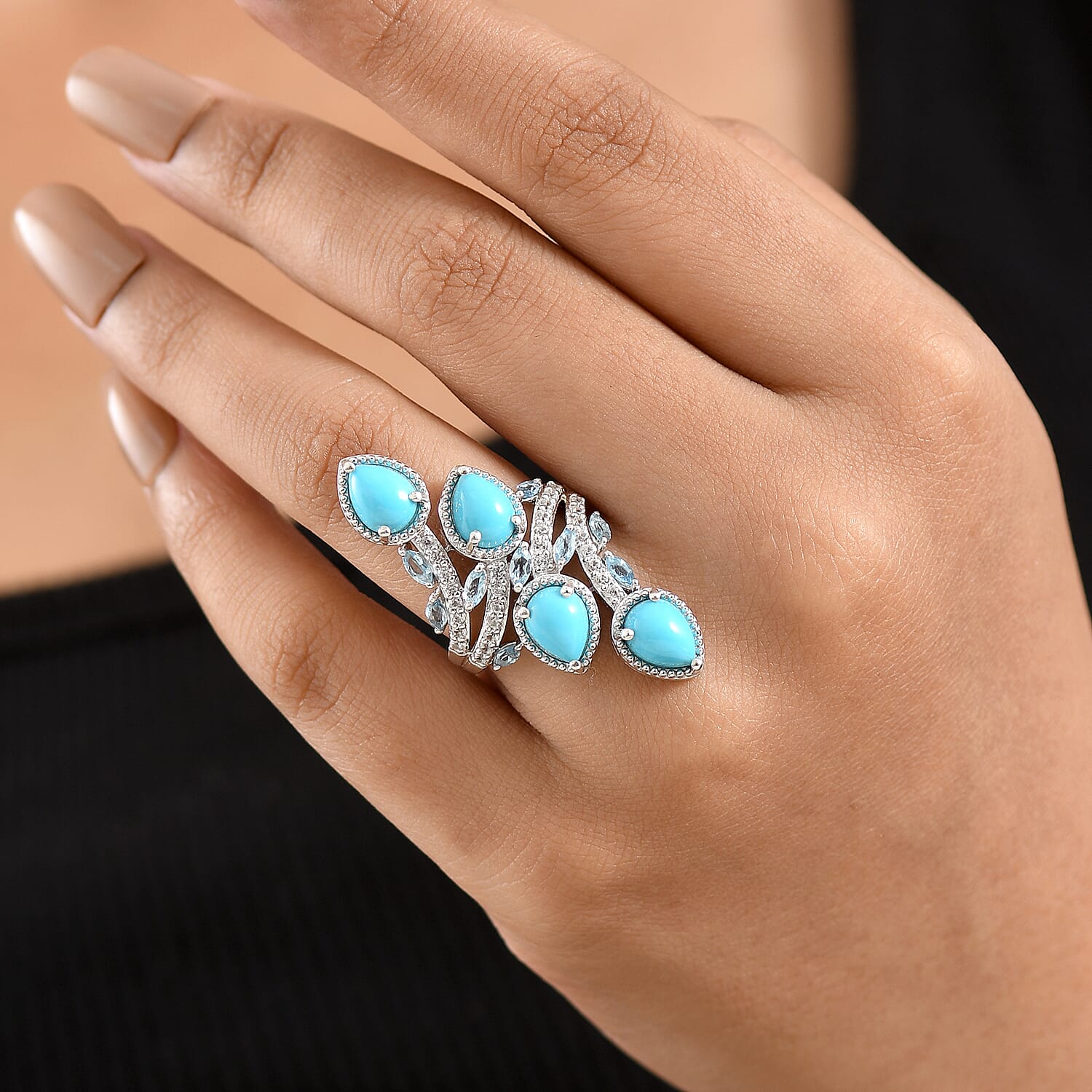Premium Sleeping Beauty Turquoise and Multi Gemstone 5.25 ctw Ring in Rhodium Over Sterling Silver (Size 6.0)