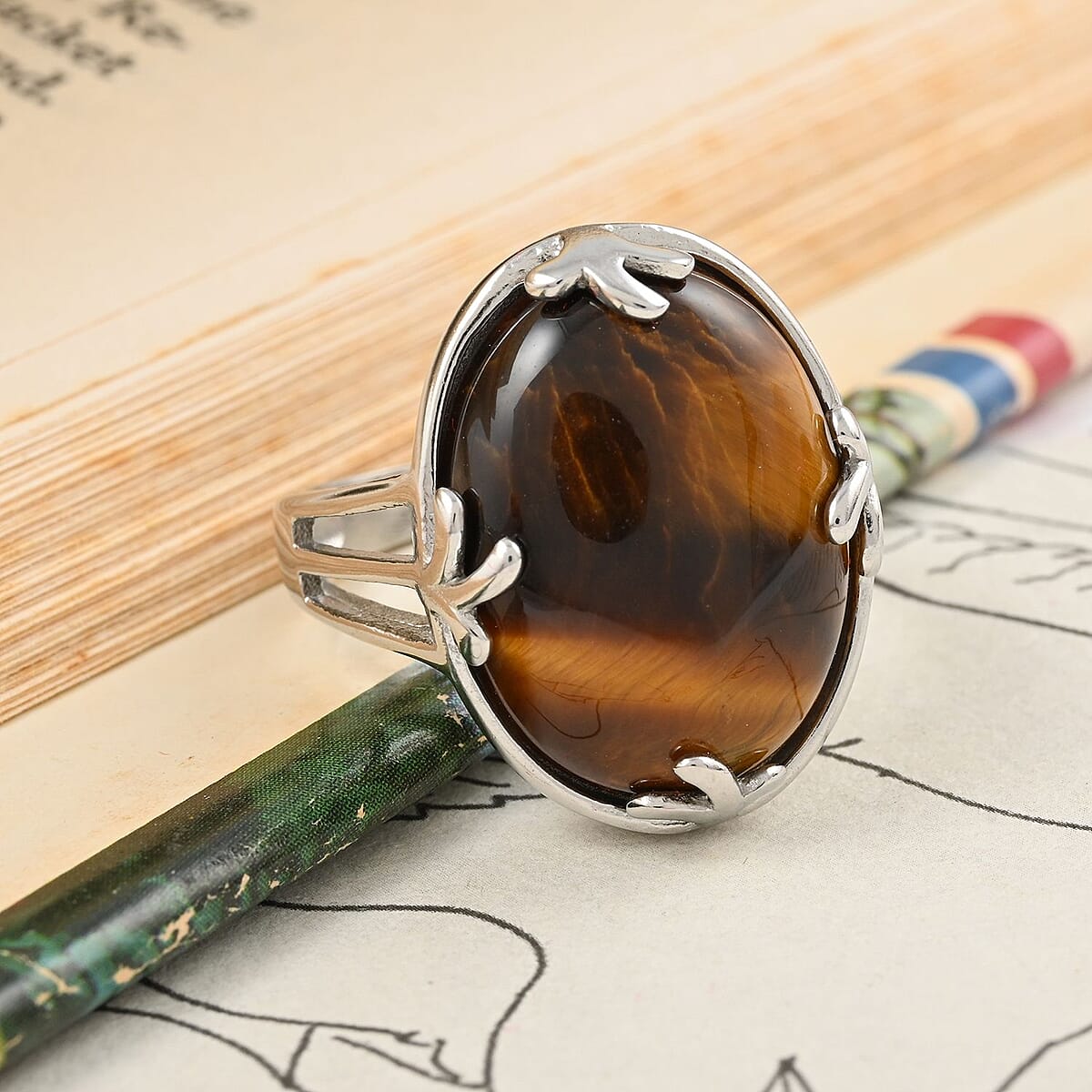 Yellow Tiger's Eye Ring in Rhodium Over Stainless Steel (Size 7.0) 18.00 ctw image number 1