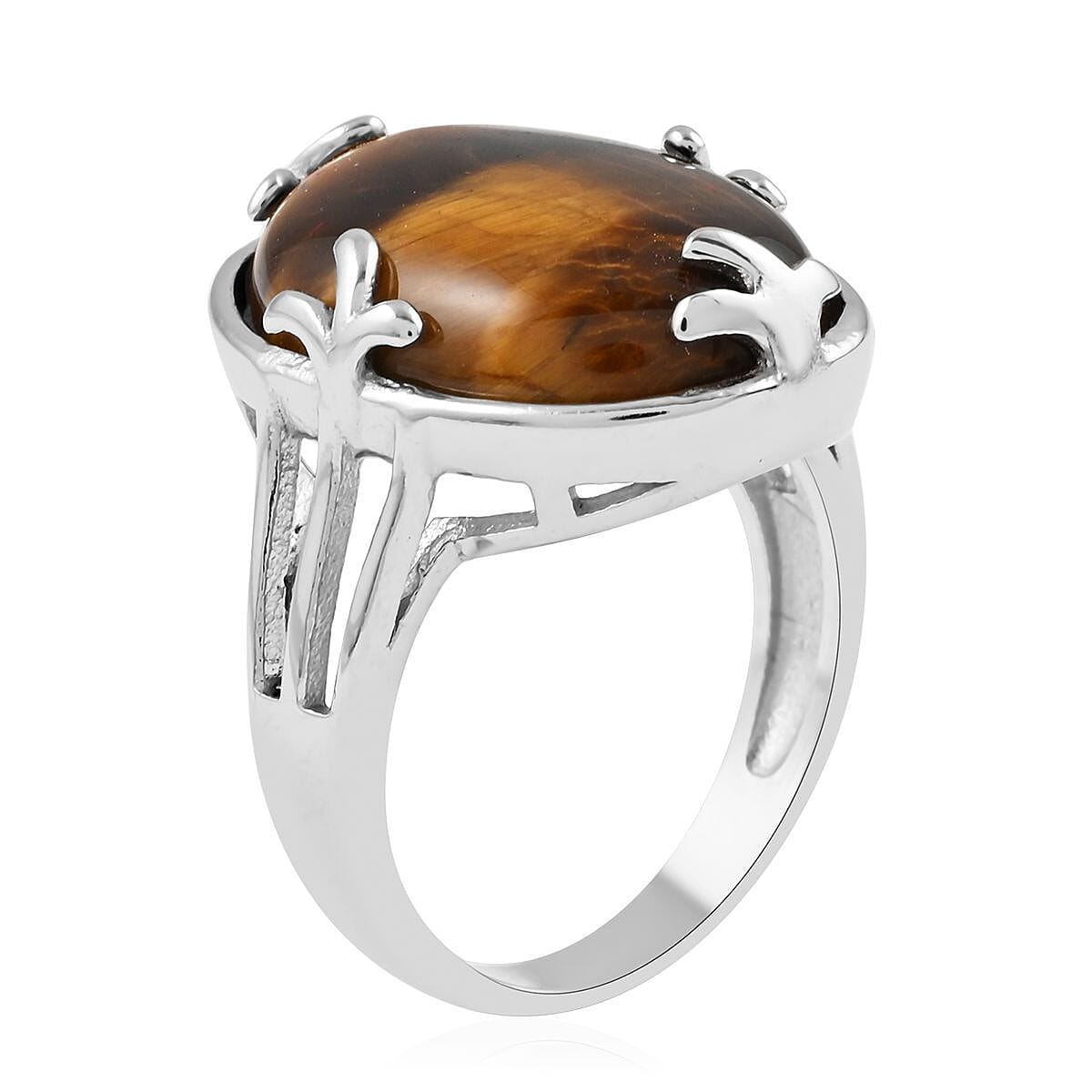 Yellow Tiger's Eye Ring in Rhodium Over Stainless Steel (Size 7.0) 18.00 ctw image number 3