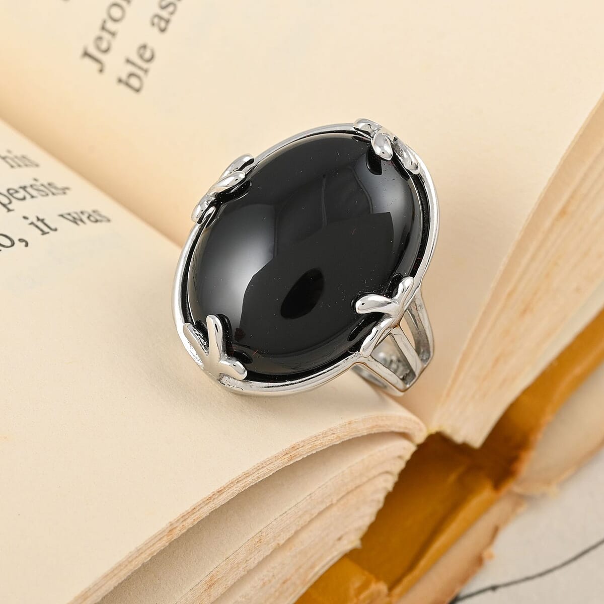 Black Onyx Ring in Rhodium Over Stainless Steel (Size 8.0) 18.00 ctw image number 1