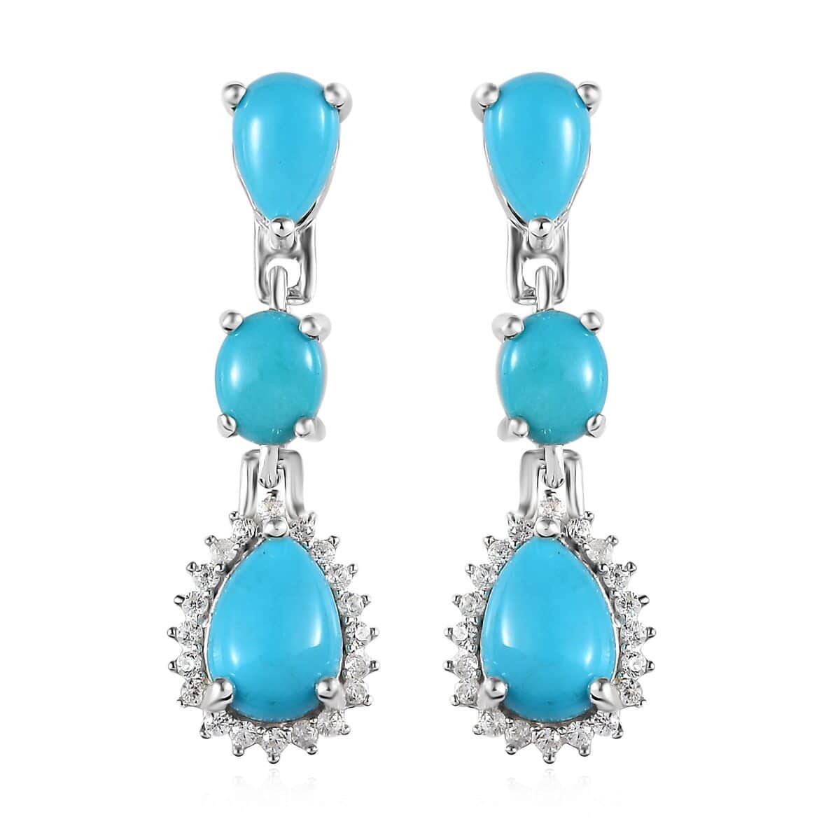 Sleeping Beauty Turquoise and Natural White Zircon Dangling Earrings in Platinum Over Sterling Silver 3.25 ctw image number 0