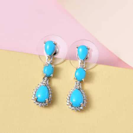 Sleeping Beauty Turquoise and Natural White Zircon Dangling Earrings in Platinum Over Sterling Silver 3.25 ctw image number 1