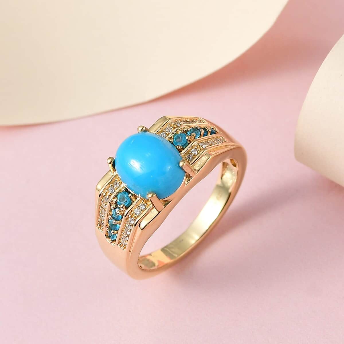 American Natural Sleeping Beauty Turquoise and Multi Gemstone Men's Ring in Vermeil Yellow Gold Over Sterling Silver 2.60 ctw image number 1