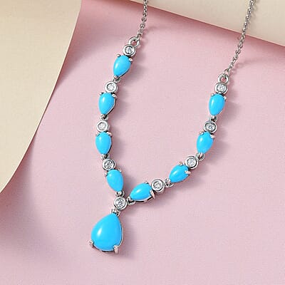 Sleeping Beauty Turquoise and Moissanite Necklace 18 Inches in Platinum Over Sterling Silver 5.60 ctw