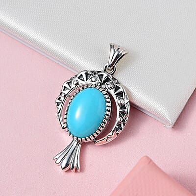 Artisan Crafted Sleeping Beauty Turquoise Feather Pendant in Sterling Silver 5.15 ctw
