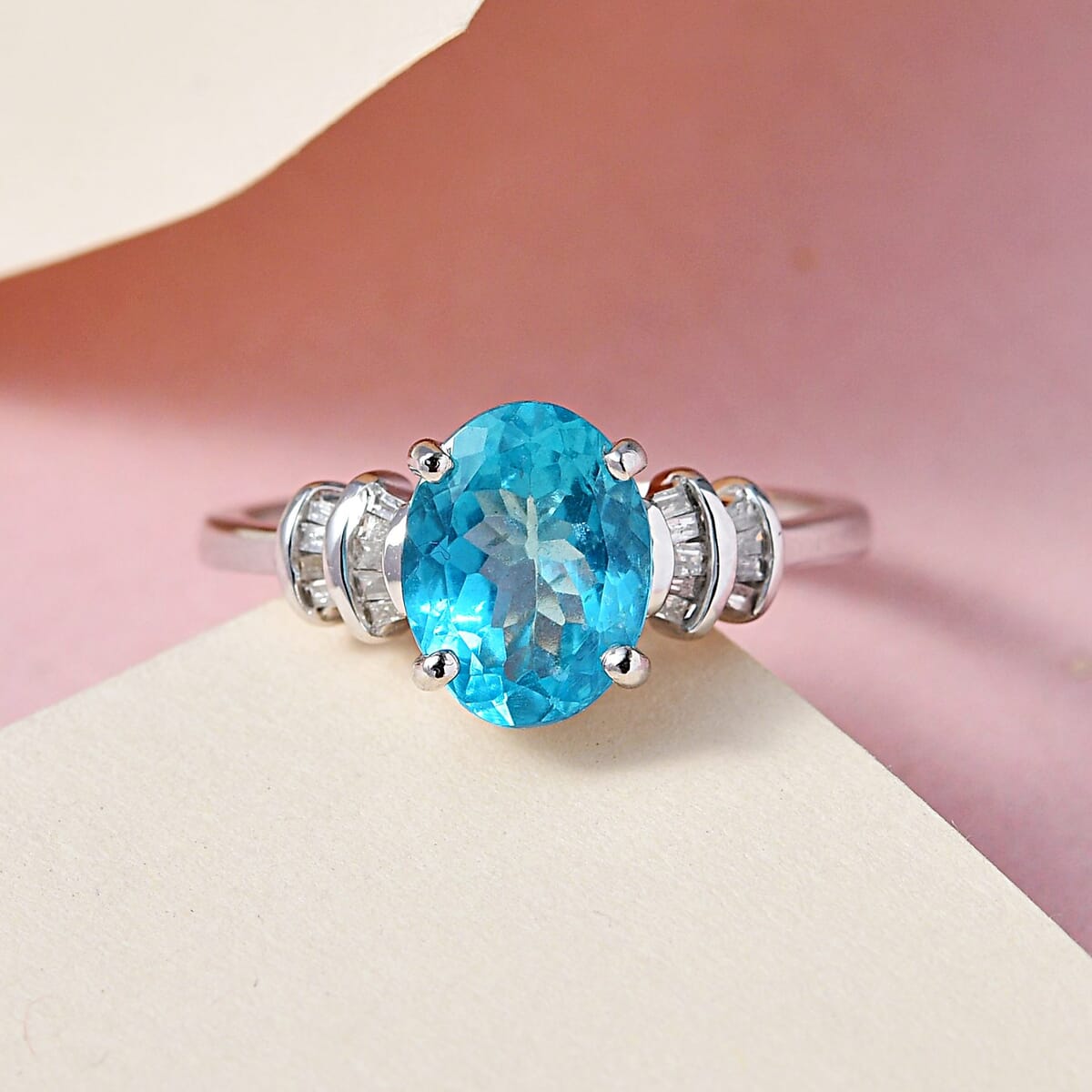 LUXORO 10K White Gold AAA Madagascar Paraiba Apatite and Diamond Ring 2 Grams 1.65 ctw image number 1