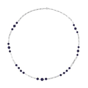 Lapis Lazuli Beaded Station and Paper Clip Chain Necklace (30 Inches) in Stainless Steel 50.00 ctw , Tarnish-Free, Waterproof, Sweat Proof Jewelry