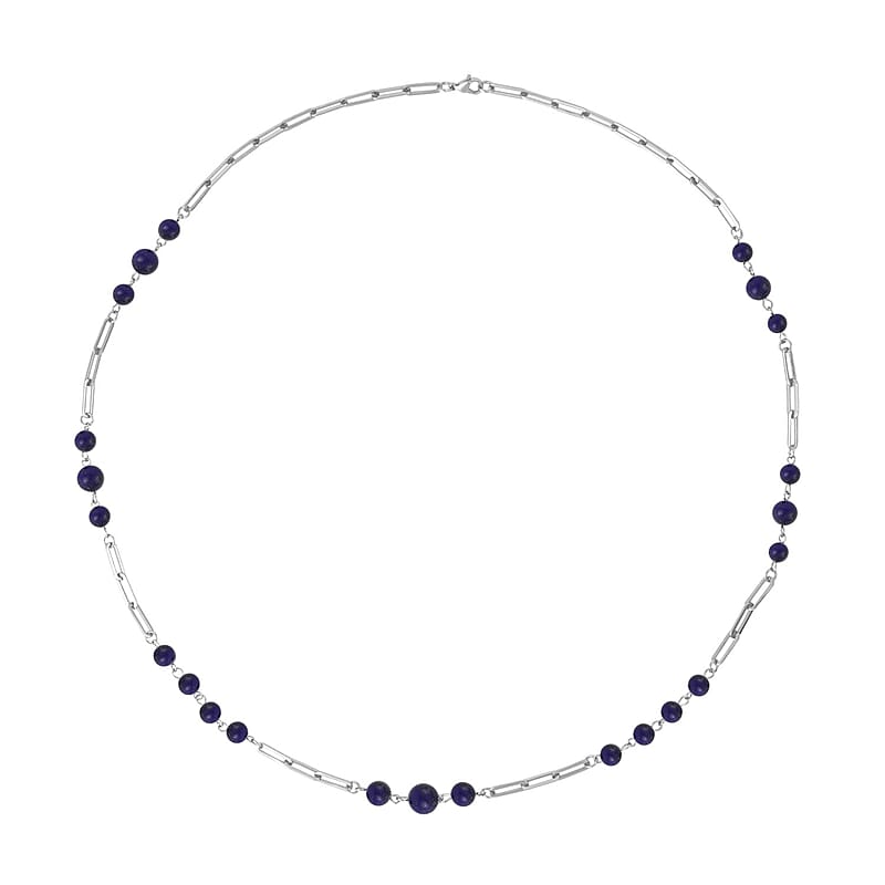 Lapis Lazuli 50.00 ctw Beaded Station and Paper Clip Chain Necklace in Stainless Steel 30 Inches, Tarnish-Free, Waterproof, Sweat Proof Jewelry
