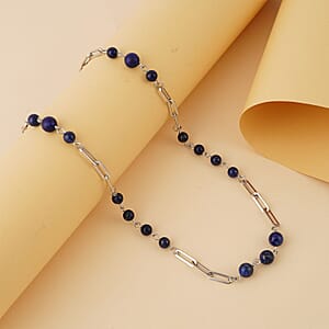 Lapis Lazuli 50.00 ctw Beaded Station and Paper Clip Chain Necklace in Stainless Steel 30 Inches, Tarnish-Free, Waterproof, Sweat Proof Jewelry