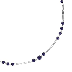 Lapis Lazuli 50.00 ctw Beaded Station and Paper Clip Chain Necklace in Stainless Steel 30 Inches, Tarnish-Free, Waterproof, Sweat Proof Jewelry