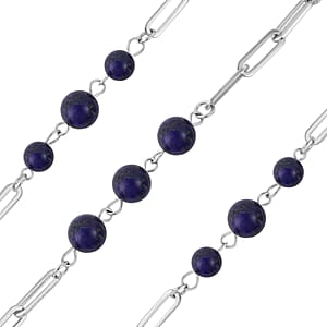 Lapis Lazuli 50.00 ctw Beaded Station and Paper Clip Chain Necklace in Stainless Steel 30 Inches, Tarnish-Free, Waterproof, Sweat Proof Jewelry